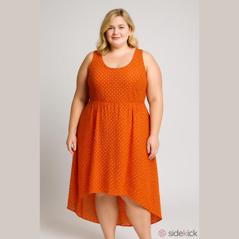 Espresso Orange Polka Dot Chiffon High Low Dress Plus Size 1X